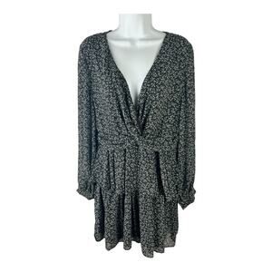 Lulu’s Twist Front Dress Long Sleeve Ruffle Flirty Black Floral sz XL